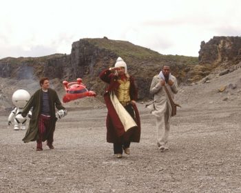 Pictured: The Heart of Gold's excursion pod has landed (rather badly) on a desolate alien planet, and Marvin, Arthur (MARTIN FREEMAN), Zaphod (SAM ROCKWELL), and Ford (MOS DEF), must continue on foot in a scene from the hilarious comedy, "The Hitchhiker's Guide to the Galaxy," directed by Garth Jennings and produced by Nick Goldsmith.

FOR PRINT OUTLETS ONLY. NOT FOR INTERNET USE. Distributed by Buena Vista International. Permission is hereby granted to magazines and newspapers to reproduce this picture on condition that it is accompanied by ©DISNEY ENTERPRISES, INC. & SPYGLASS ENTERTAINMENT, LLC.   ALL RIGHTS RESERVED. FOR PRINT OUTLETS ONLY. NOT FOR INTERNET USE.