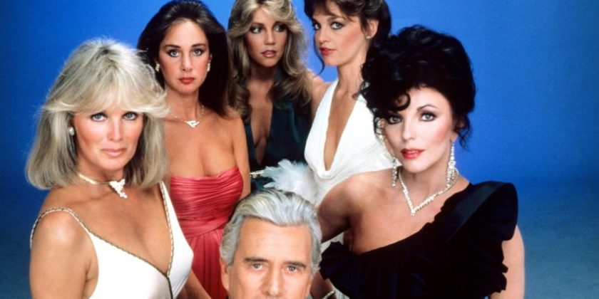 DYNASTY, clockwise from far left: Linda Evans, Pamela Bellwood, Heather Locklear, Pamela Sue Martin, Joan Collins, John Forsythe, 1981-1989, © Aaron Spelling Prod. / Courtesy: Everett Collection